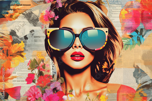 Stylish retro poster with beautiful young lady wearing sunglasses on summer background with newspapers, magazines and palm trees. Fashion pop art woman portrait illustration and collage