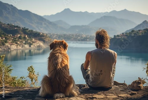 Amidst the rugged beauty of the mountains, a solitary figure and his loyal companion pause on the edge of the world, taking in the vastness of the sky and the tranquil stillness of the water below