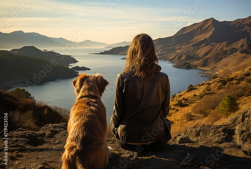 A peaceful evening hike with her loyal canine companion, watching the vibrant sunset over the majestic mountains reflected in the serene lake below