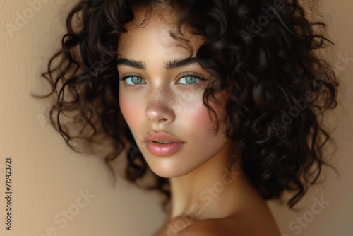 Portrait of beautiful young woman with curly hair, natural make-up, generative ai