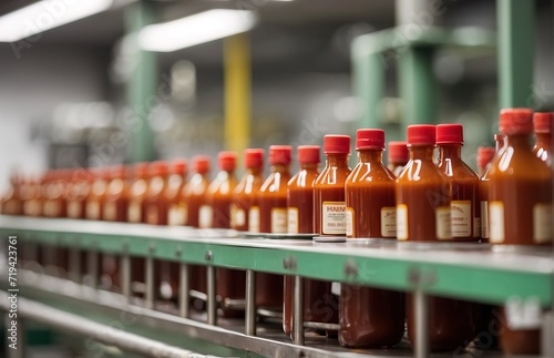 production line in a factory where hot sauce bottles are being filled, sealed, and labeled