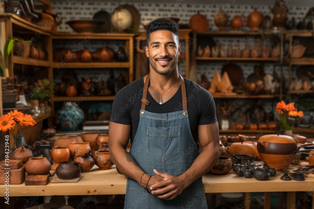 A smiling pottery artist stands proudly in his workshop filled with a variety of earthenware pieces. A smiling pottery artist stands proudly in his workshop filled with a variety of earthenware pieces.