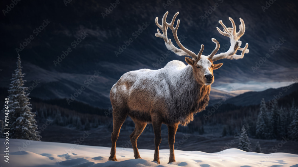 Portrait of a reindeer on the background of a winter landscape. AI Portrait of a reindeer on the background of a winter landscape. AI