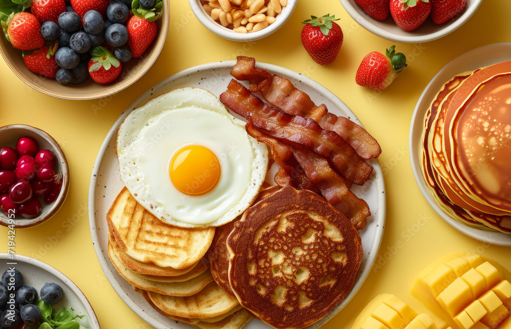 American Breakfast: egg dishes, bacon, pancakes and berries. Light Yellow background. Top view.