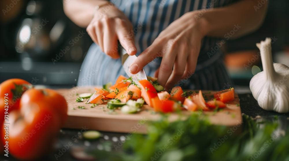 A close-up of a chef's hands slicing vegetables on a cutting board. The cook's hands are chopping vegetables. Cooking in progress.