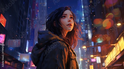 A woman stands alone in the bustling city streets under the vibrant glow of the nighttime lights.