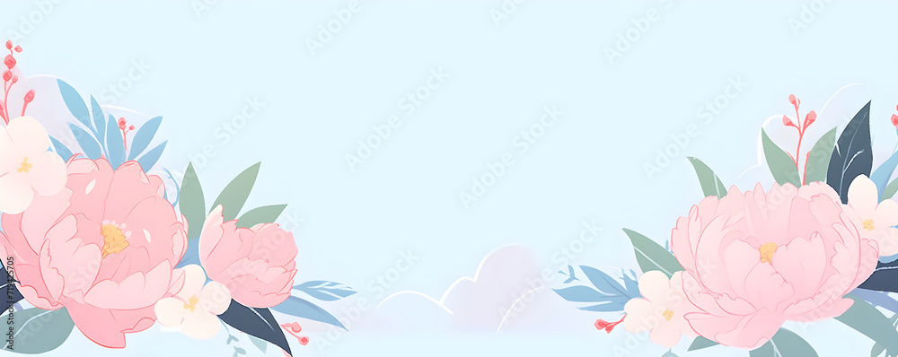 Frame with flowers pastel delicate colors on blue background. Love and romantic floral banner with copy space for Valentine's Day wedding birthday. Flat lay style illustration. Design for invitation. Frame with flowers pastel delicate colors on blue background. Love and romantic floral banner with copy space for Valentine's Day wedding birthday. Flat lay style illustration. Design for invitation.
