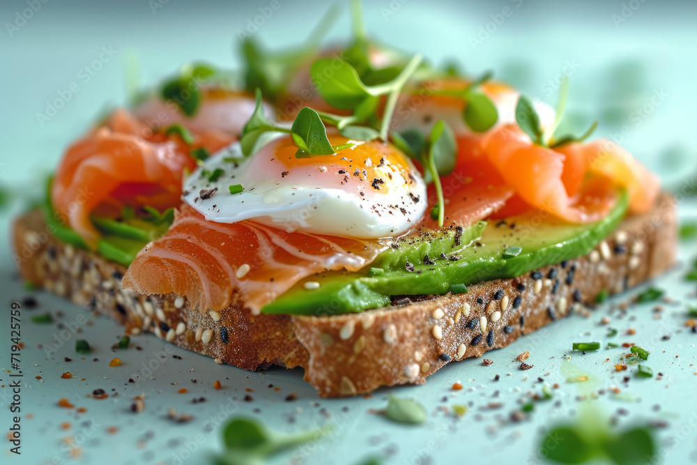 Sliced avocado on toasted bread, toppings like poached eggs and salmon. Light green background. Sliced avocado on toasted bread, toppings like poached eggs and salmon. Light green background.