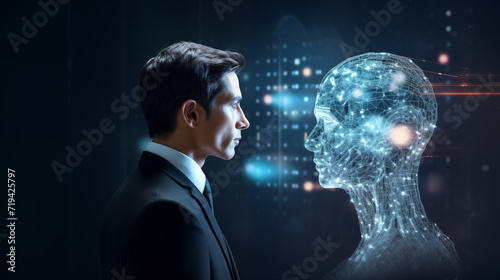 A man in a suit faces a sophisticated digital projection of a human brain, highlighting concepts of AI and machine learning.
