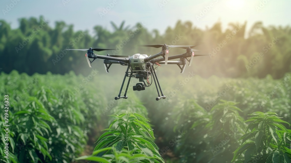 Agriculture drone fly to sprayed fertilizer on row of cassava tree. smart farmer use drone for various fields like research analysis, terrain scanning technology, smart technology concept Agriculture drone fly to sprayed fertilizer on row of cassava tree. smart farmer use drone for various fields like research analysis, terrain scanning technology, smart technology concept