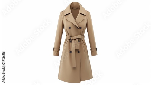 Beige female elegant trench coat isolated on white.Women's trendy clothes photo