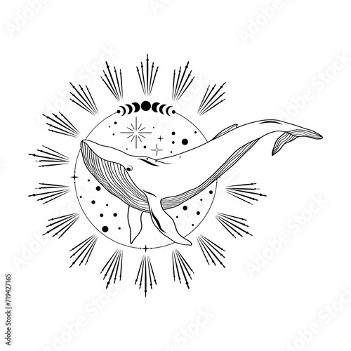 Mystical whale. Silhouette of a blue, humpback whale, killer whale. Poster. Tattoo style. Vector.