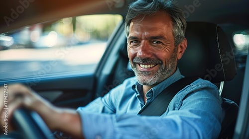 Mid adult man smiling while driving car and looking at mirror for reverse. Happy man feeling comfortable sitting on driver seat in his new car.