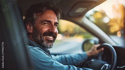 Mid adult man smiling while driving car and looking at mirror for reverse. Happy man feeling comfortable sitting on driver seat in his new car.