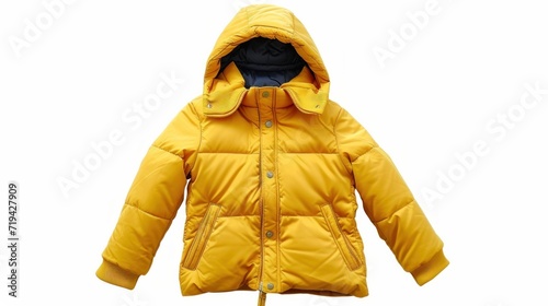 Children winter jacket. Stylish children yellow warm down jacket isolated on white background. Winter fashion photo