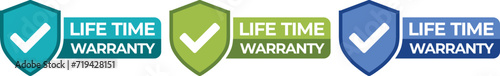 Flat banner with red lifetime warranty. Flat vector illustration character