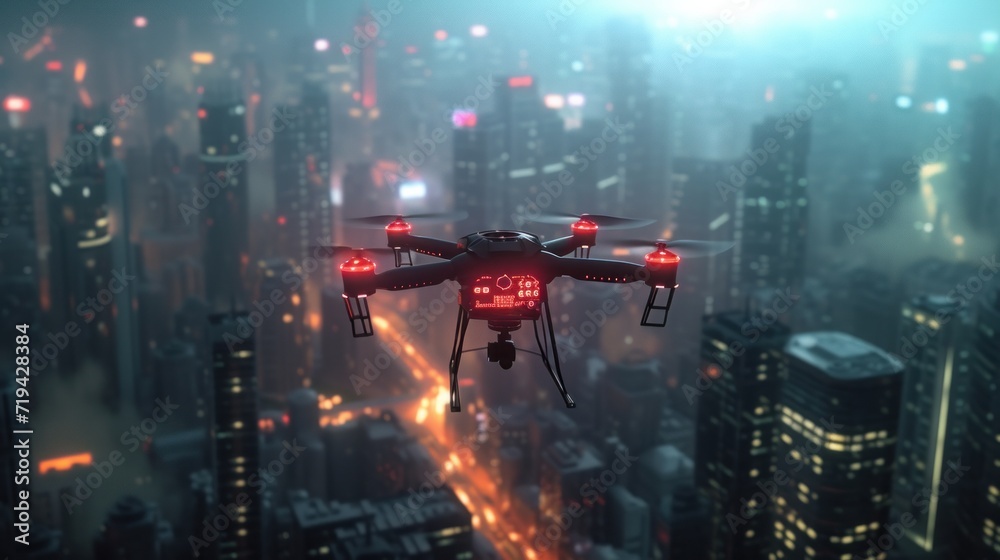 Dark drone in flight over the city
