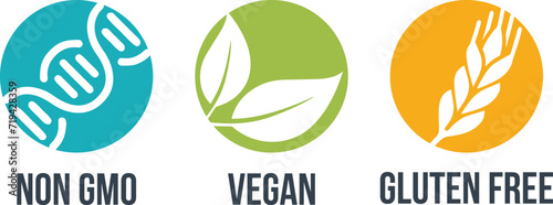 Vegan, Non-GMO, Gluten free - set of colorful pictograms for food packaging. Decoration for healthy natural organic nutrition