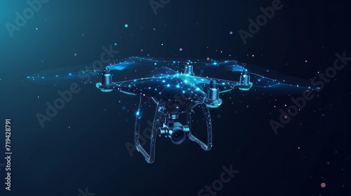 Digital vector 3d illustration of drone with camera in dark blue. Drone videography, aerial photography, modern technology concept. Abstract low poly quadcopter with dots, lines, stars and particles photo