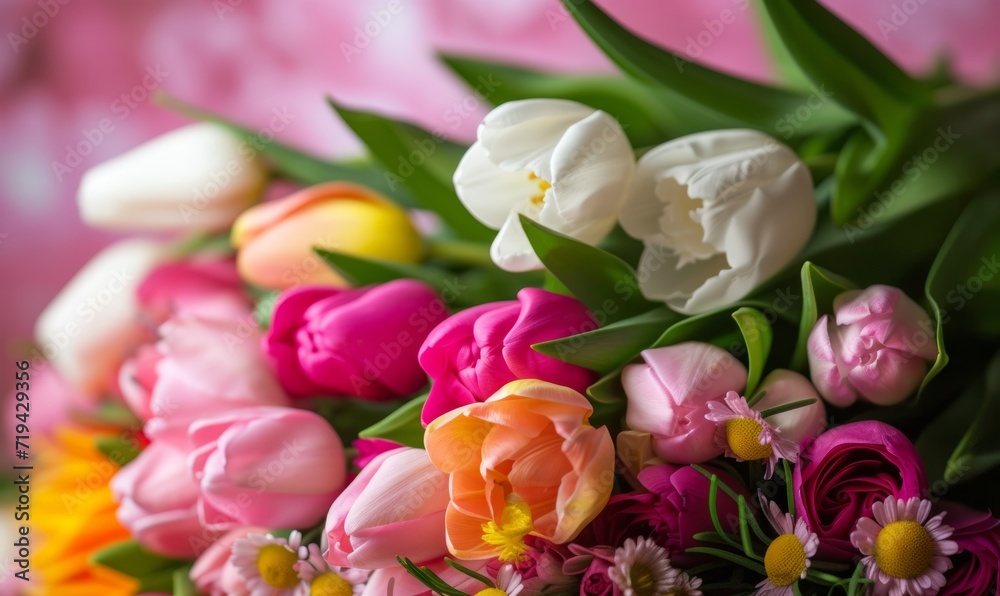 Obraz premium Vibrant Mother's Day Bouquet with Lush Tulips and Daisies on a Pink Background 