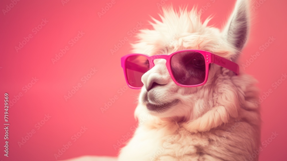 A llama wearing pink sunglasses stands against a pink background.