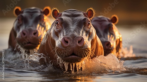 Three Young Hippos Swimming in the Lake. Generative AI