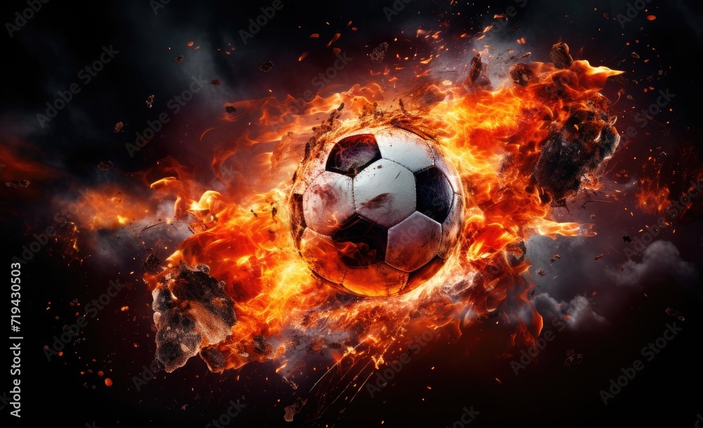 Naklejka premium A soccer ball is seen in the midst of a blazing fire.