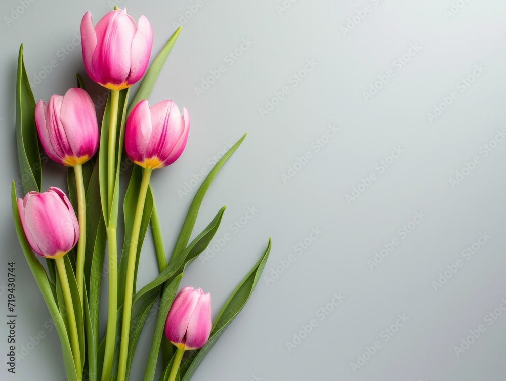Elegant Pink Tulips Delicately Arranged on a Pristine White Background for a Mother's Day Tribute
Elegant Pink Tulips Delicately Arranged on a Pristine White Background for a Mother's Day Tribute