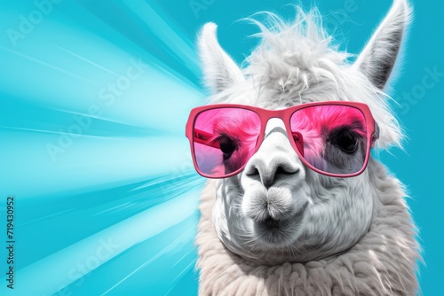 A llama wearing pink sunglasses stands against a blue background. © pham