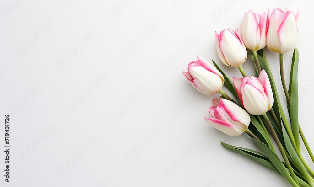 Sleek White Background Accentuating a Bouquet of Pink-Edged White Tulips for Mother's Day
Sleek White Background Accentuating a Bouquet of Pink-Edged White Tulips for Mother's Day