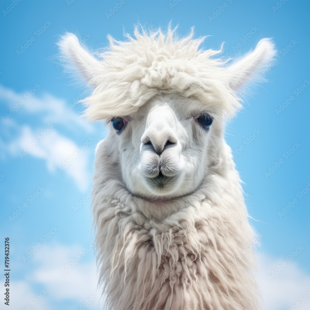 A detailed shot of a llama against a clear sky background.
