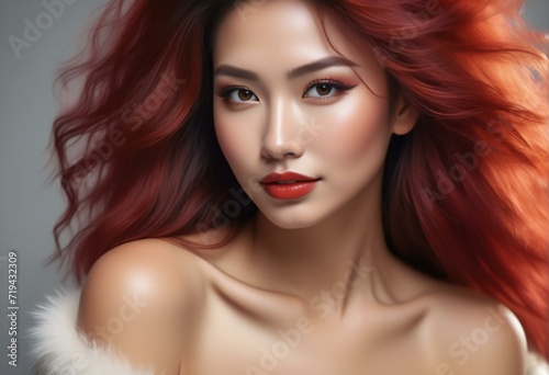 Portrait of beautiful asian woman with red hair and makeup