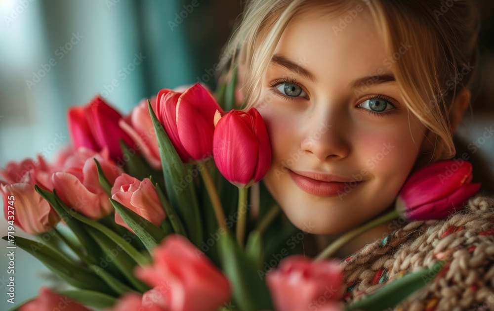 Portrait of a Girl with Striking Blue Eyes Holding a Bouquet of Vivid Red Tulips
Portrait of a Girl with Striking Blue Eyes Holding a Bouquet of Vivid Red Tulips