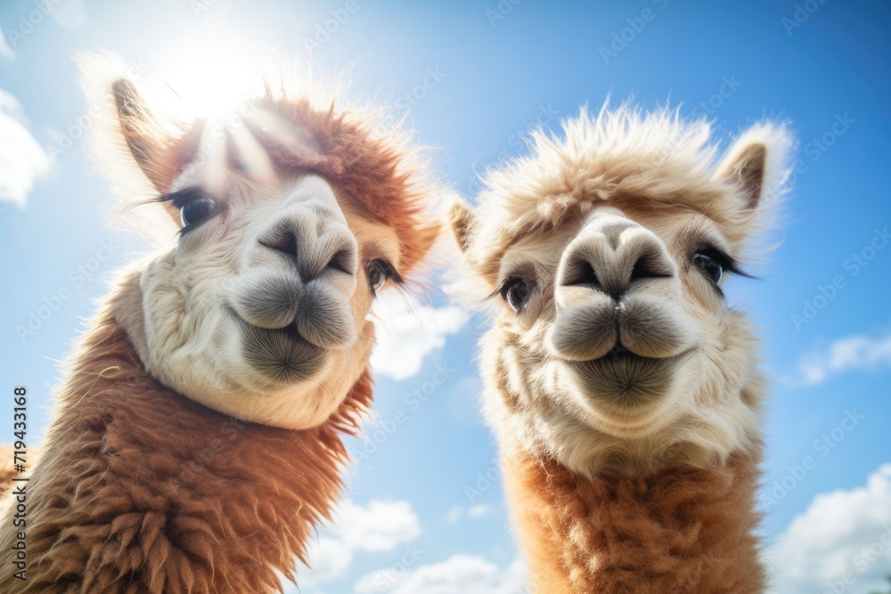 A photo of two llamas standing side by side in a scenic field, showcasing their unique features.