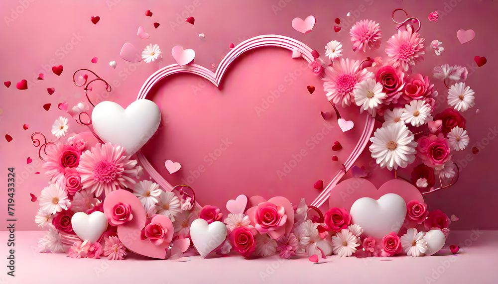 Pink background with heart and roses, Valentine's Day Heart and Flowers on a Pink Background, beautiful Pink 3D heart wallpaper, Valentine background card mockup with pink roses, empty picture frame
