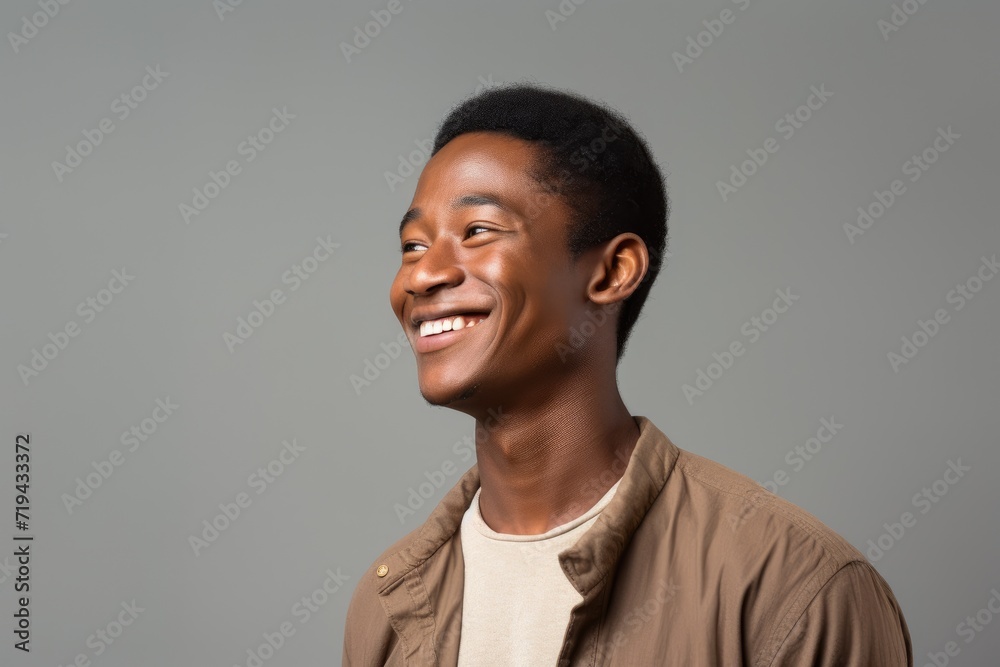 Fototapeta premium A man wearing a tan jacket smiles, radiating warmth and contentment.