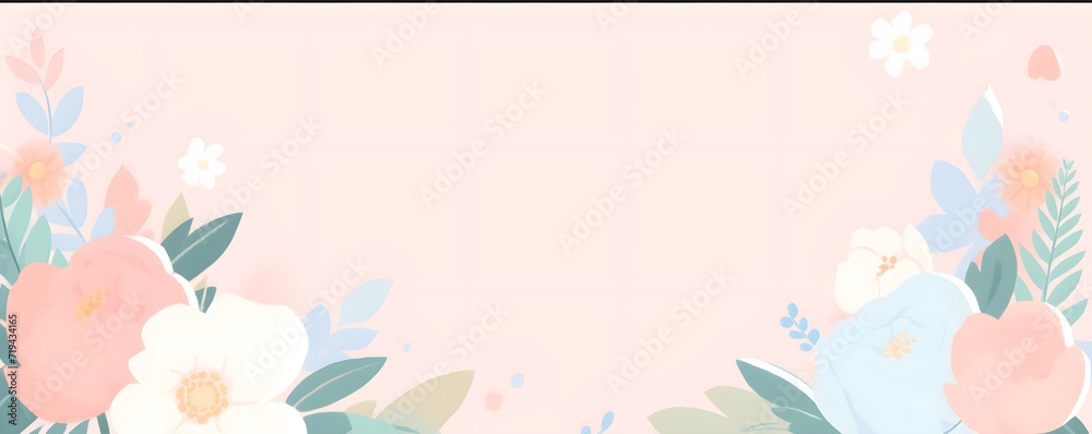 Frame with flowers pastel delicate colors on peach background. Love and romantic floral banner with copy space for Valentine's Day wedding birthday. Flat lay style illustration. Design for invitation. Frame with flowers pastel delicate colors on peach background. Love and romantic floral banner with copy space for Valentine's Day wedding birthday. Flat lay style illustration. Design for invitation.