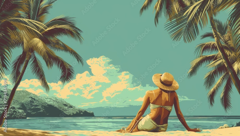 woman sunbathing by palm trees in the style of vintage poster style Generative AI - obrazy, fototapety, plakaty 