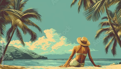 woman sunbathing by palm trees in the style of vintage poster style Generative AI photo