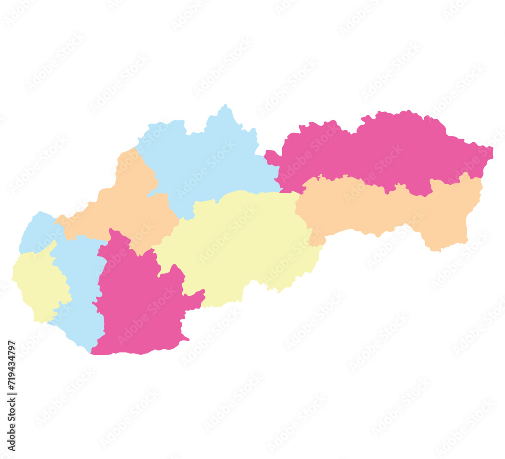 Slovakia map. Map of Slovakia in eight mains regions in multicolor
