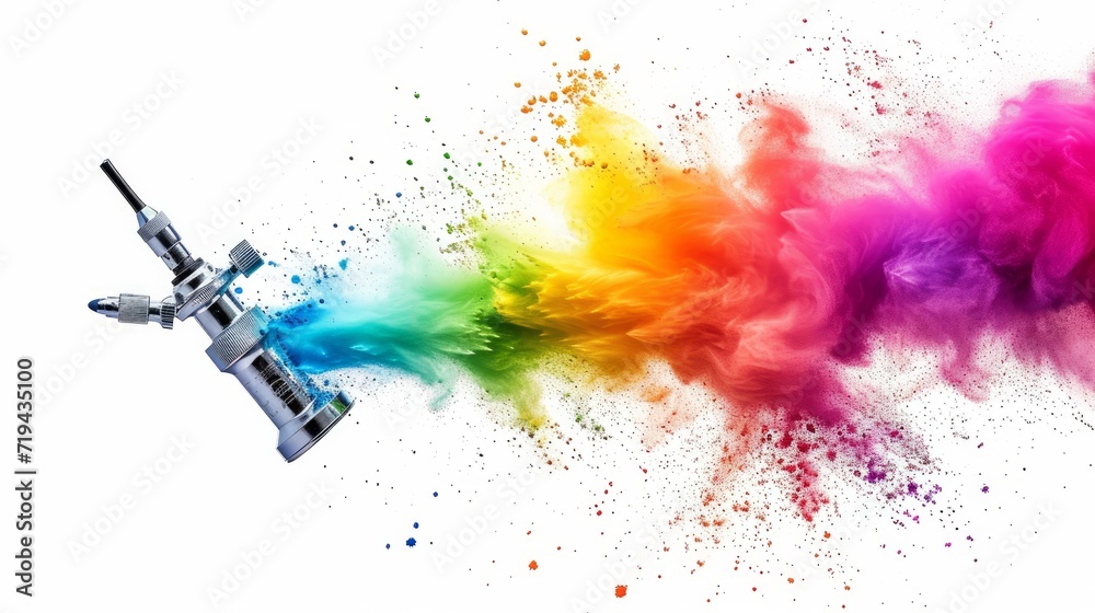 professional chrome metal airbrush acrylic color paint gun tool with colorful rainbow spray holi powder cloud explosion isolated on white panorama background industry art scale model modelling concept - obrazy, fototapety, plakaty 