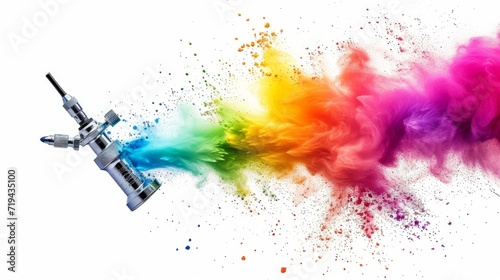 professional chrome metal airbrush acrylic color paint gun tool with colorful rainbow spray holi powder cloud explosion isolated on white panorama background industry art scale model modelling concept photo
