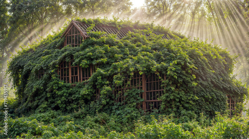 Overgrown Cabin in Forest Clearing at Sunset