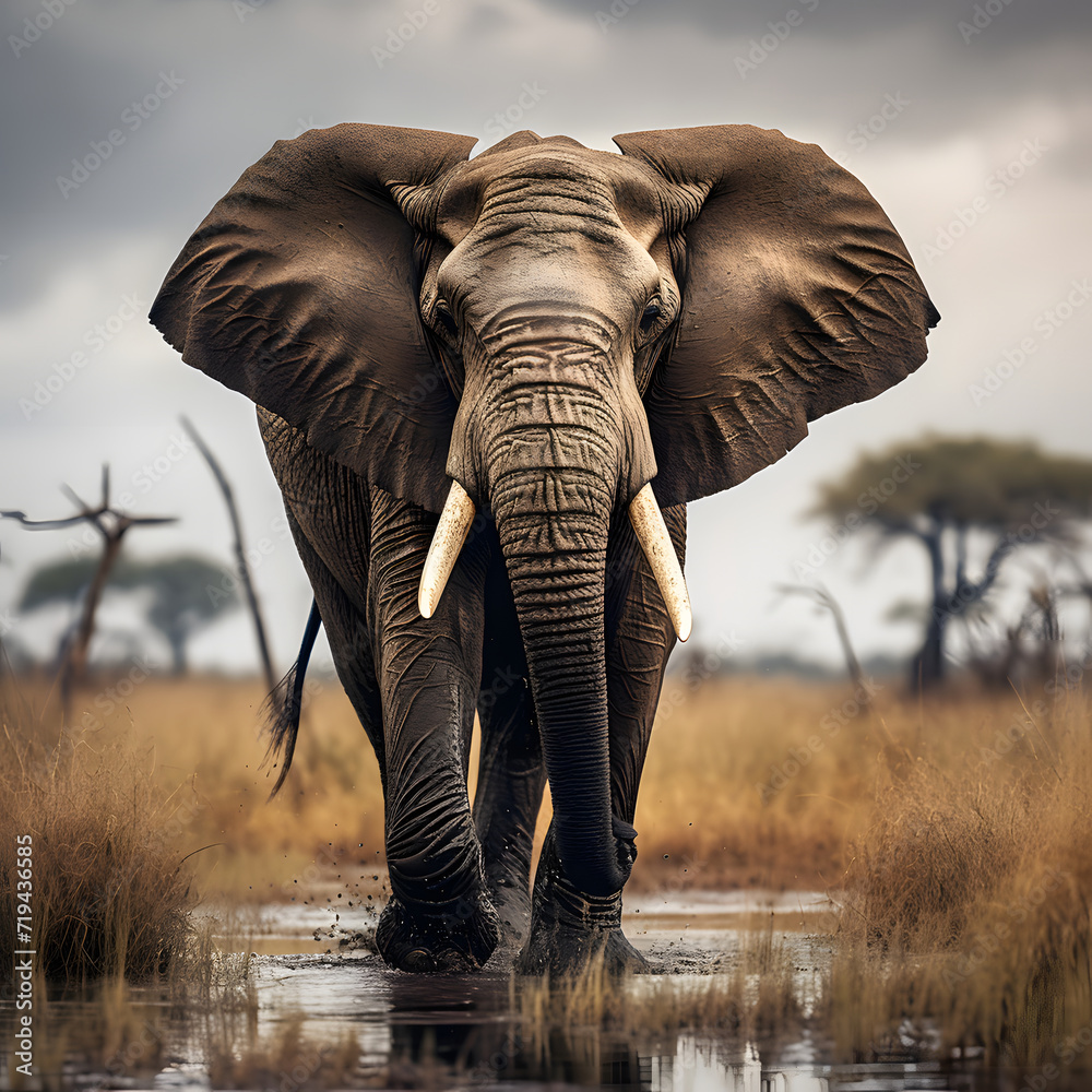 African elephant walking in the wet savannah standing tall 