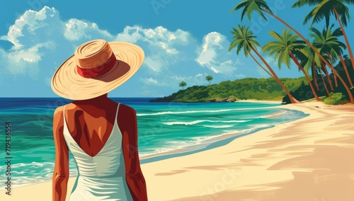 woman summer in hat on tropical beach illustration Generative AI © SKIMP Art