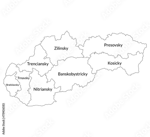 Slovakia map. Map of Slovakia in eight mains regions in white color