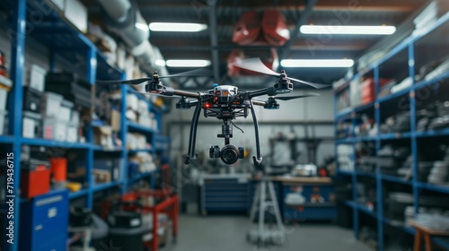 Spare part delivery drone at garage storage in leading automotive car service center for delivering mechanical shipping component part assembling to customer. Modern innovative technology and gadget photo