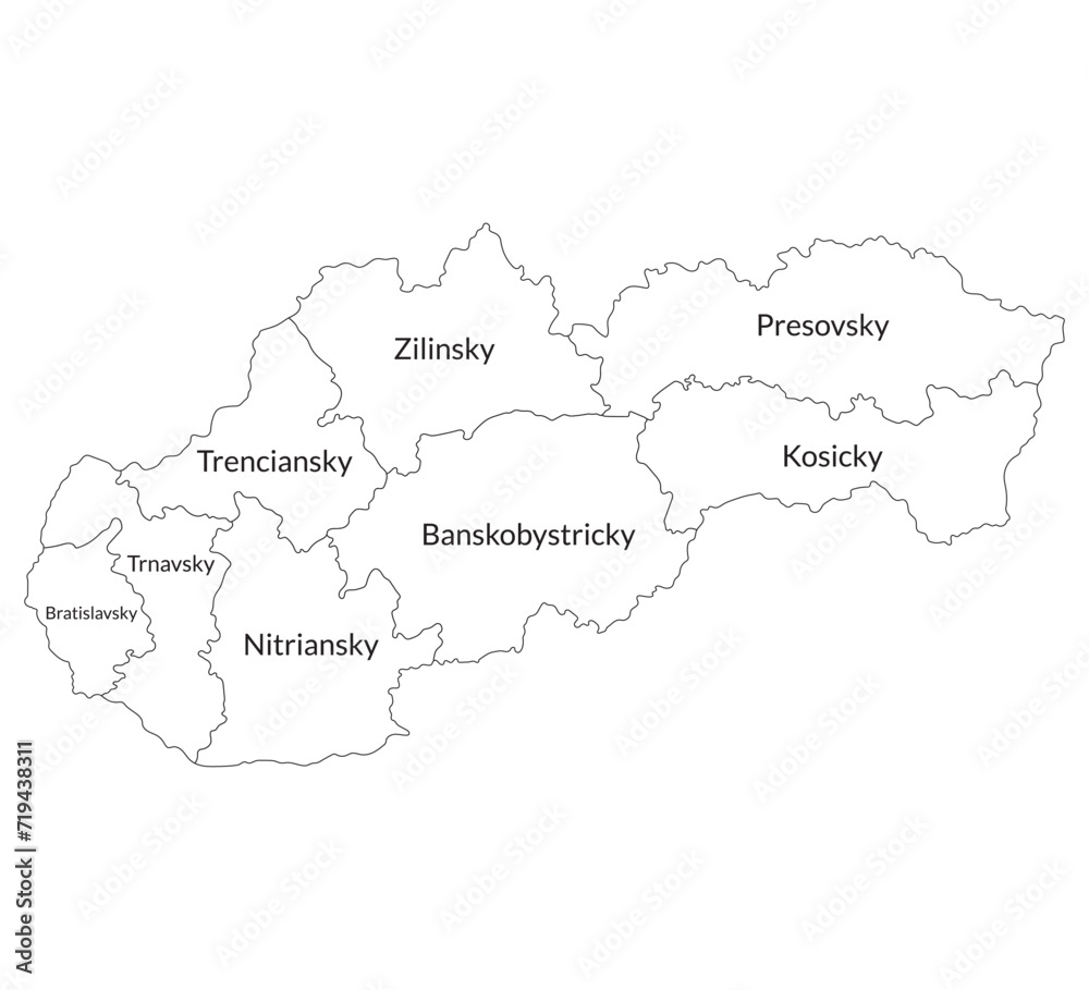 Slovakia map. Map of Slovakia in eight mains regions in white color