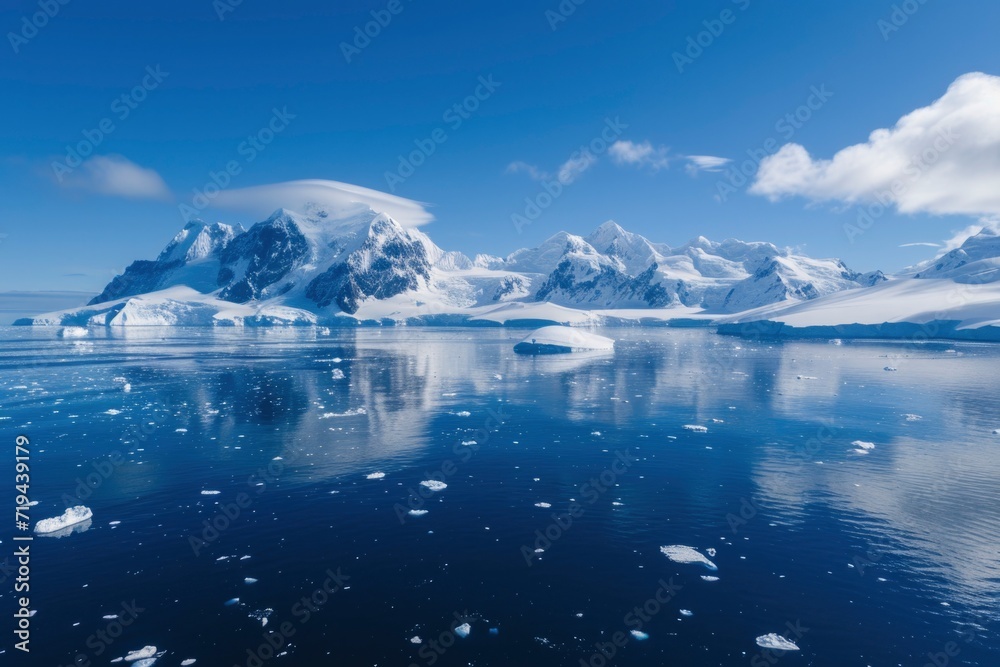 Bright sunlight bathes the snowy Antarctic peaks and scattered ice floes in a tranquil sea.
