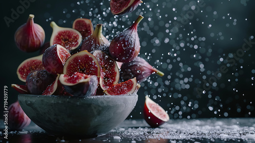  figs being thrown into a bowl on a dark background in